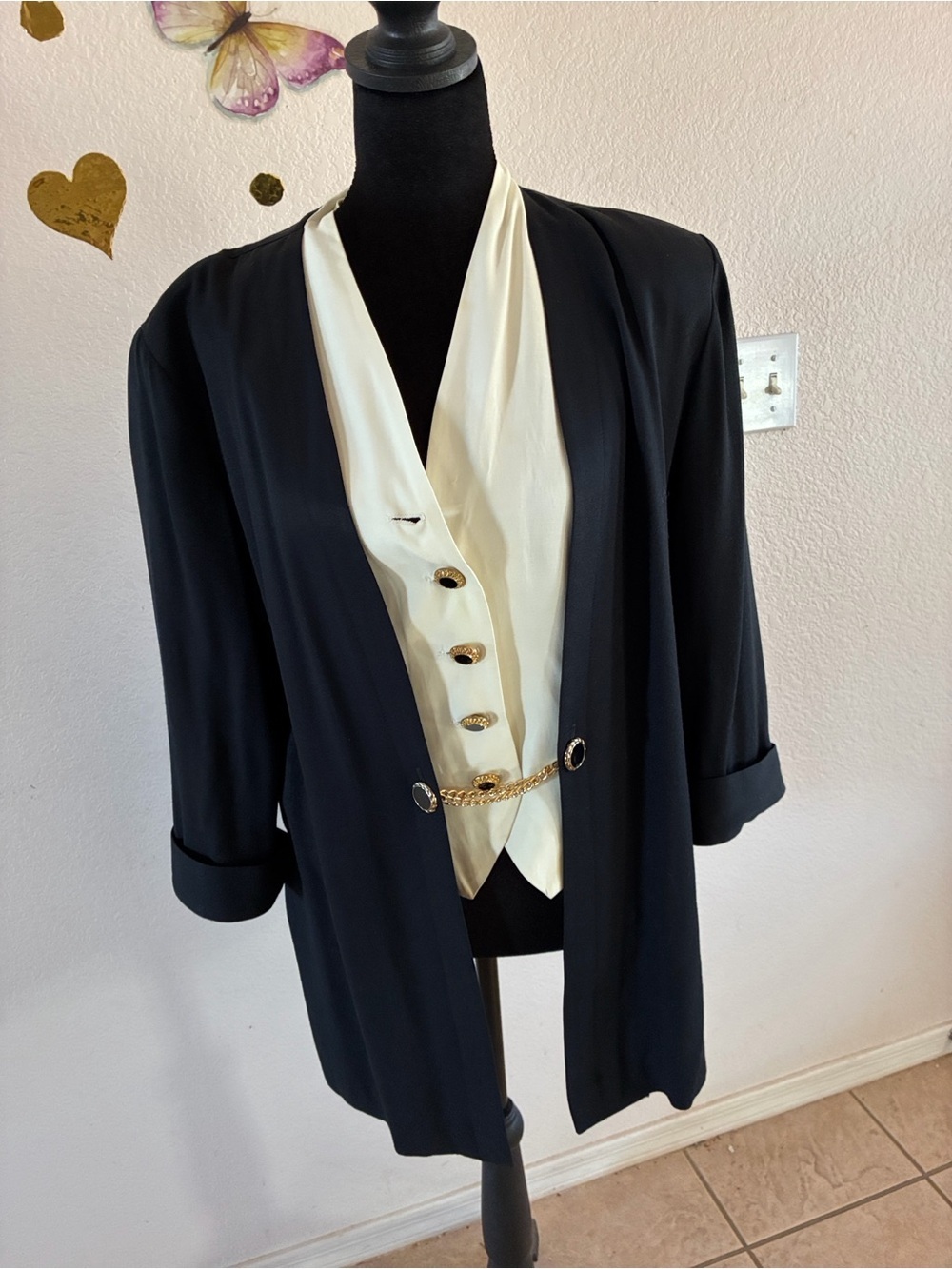 Black Open-Front Jacket with Cream Vest Detail - Picture 8 of 8